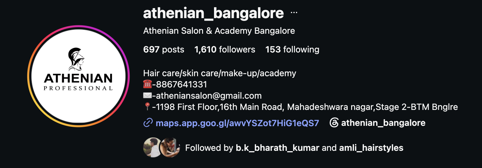 Athenian Salon Bangalore Instagram profile